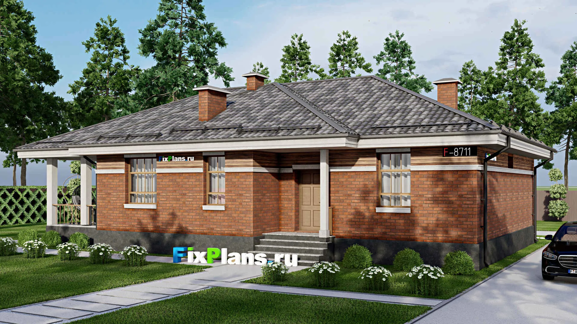 F-8711 - Проект одноэтажного дома 13 на 18, площадью 220 м² с террасой, цокольным этажом и 3 спальнями