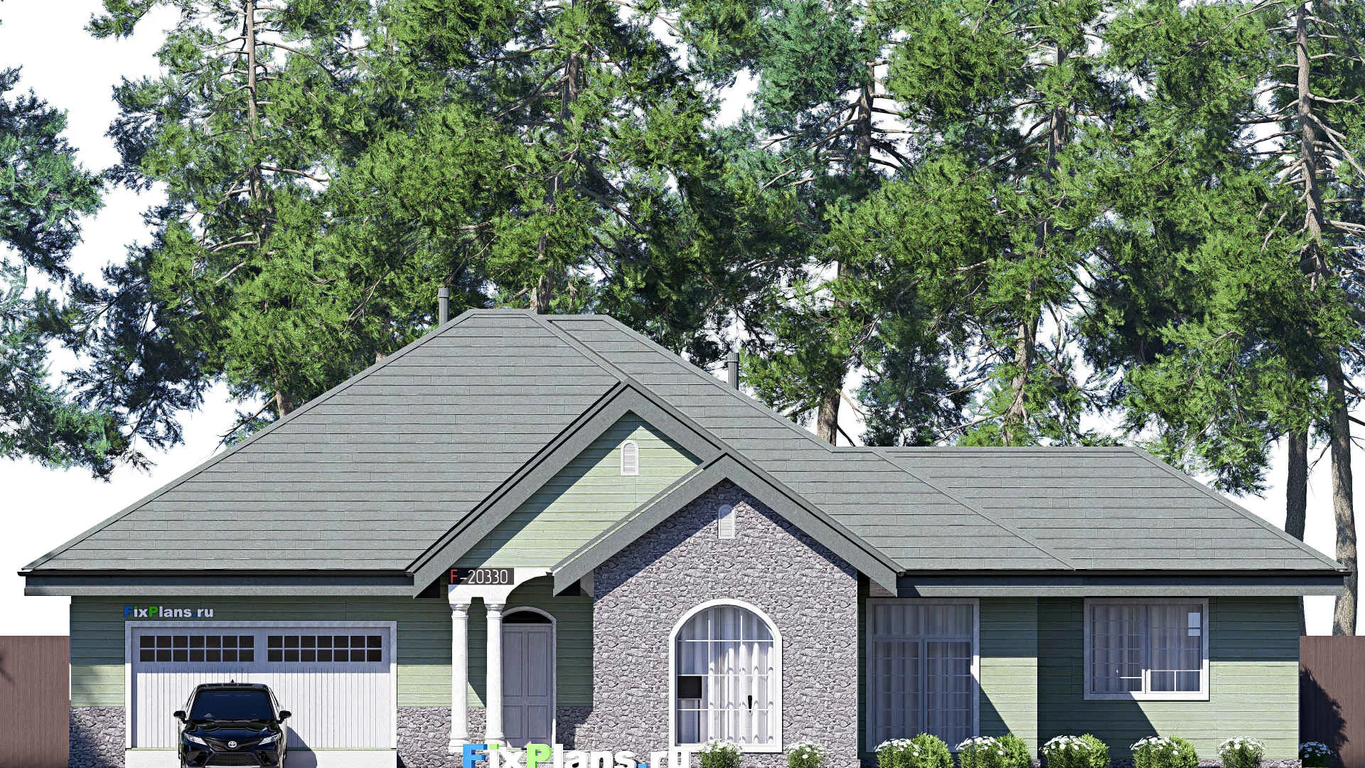 F-20330 - Проект одноэтажного дома 19 на 22, площадью 240 м² с гаражом на 2 машины и 2 спальнями