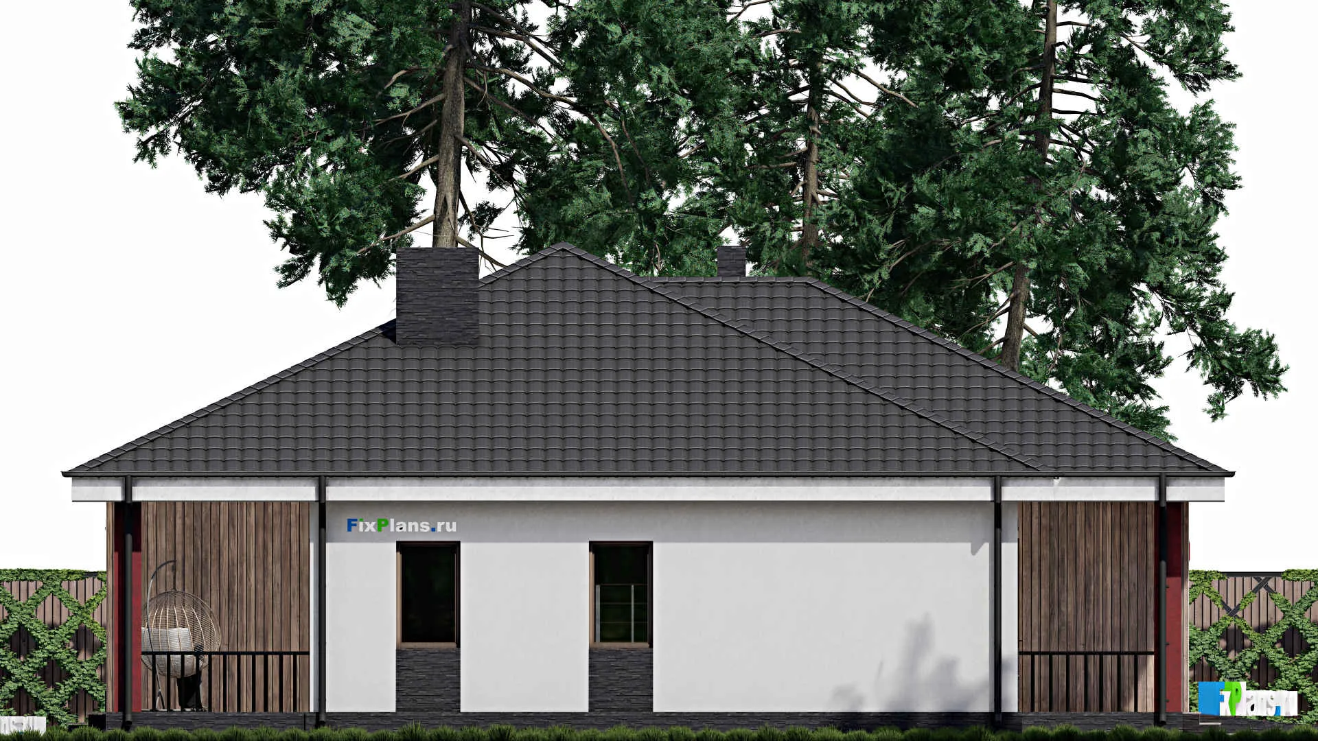 F-0296 - Проект одноэтажного дома 16 на 19, площадью 220 м² с террасой, гаражом на 2 машины и 2 спальнями