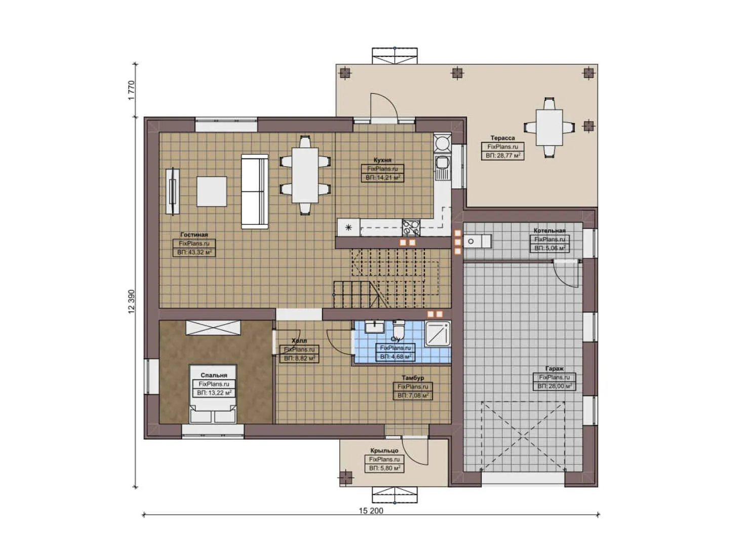 F-8063 - Планы двухэтажного дома 13 на 16, площадью 250 м² с террасой, гаражом на 1 машину и 4 спальнями