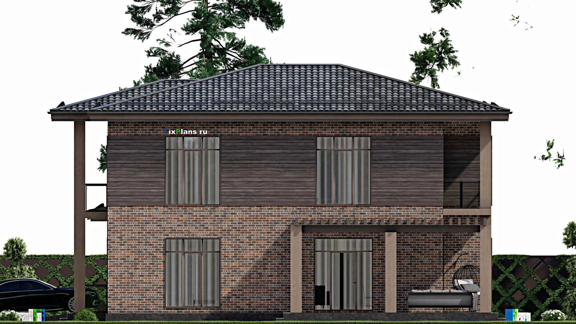 F-6785 - Проект двухэтажного дома 15 на 23, площадью 330 м² с террасой, балконом, гаражом на 2 машины и 4 спальнями