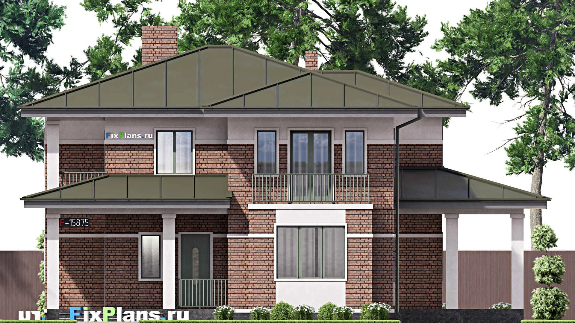 F-15875 - Проект двухэтажного дома 14 на 16, площадью 260 м² с террасой, балконом и 4 спальнями