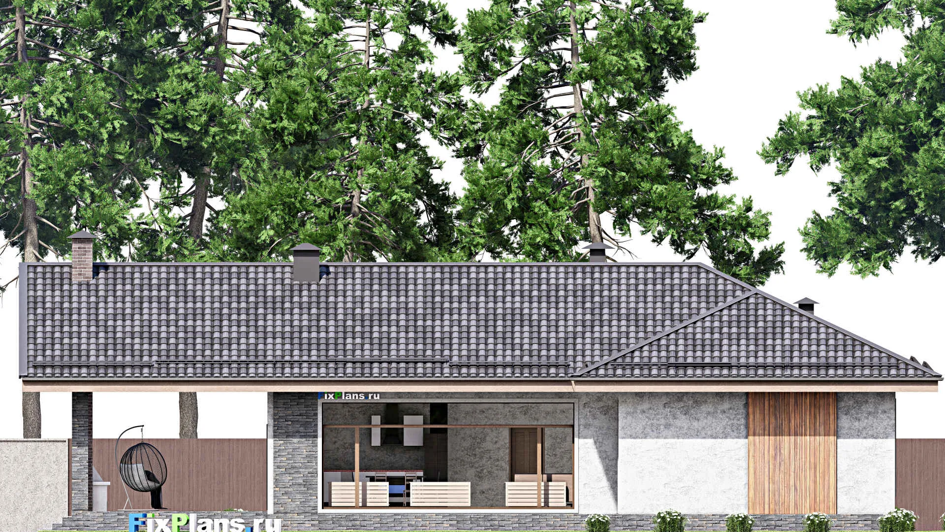 F-13391 - Проект одноэтажного дома 16 на 21, площадью 200 м² с террасой, баней и 3 спальнями