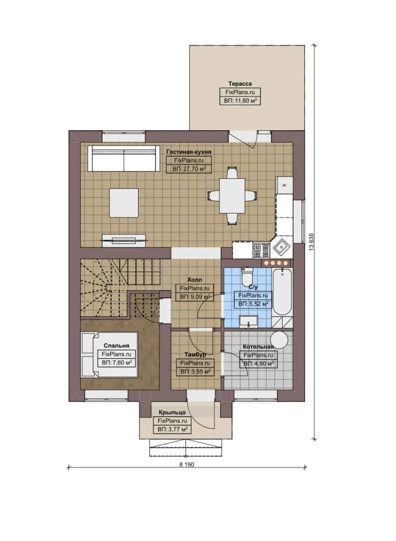 F-8306 - Планы дома с мансардой 9 на 14, площадью 130 м² с террасой и 4 спальнями