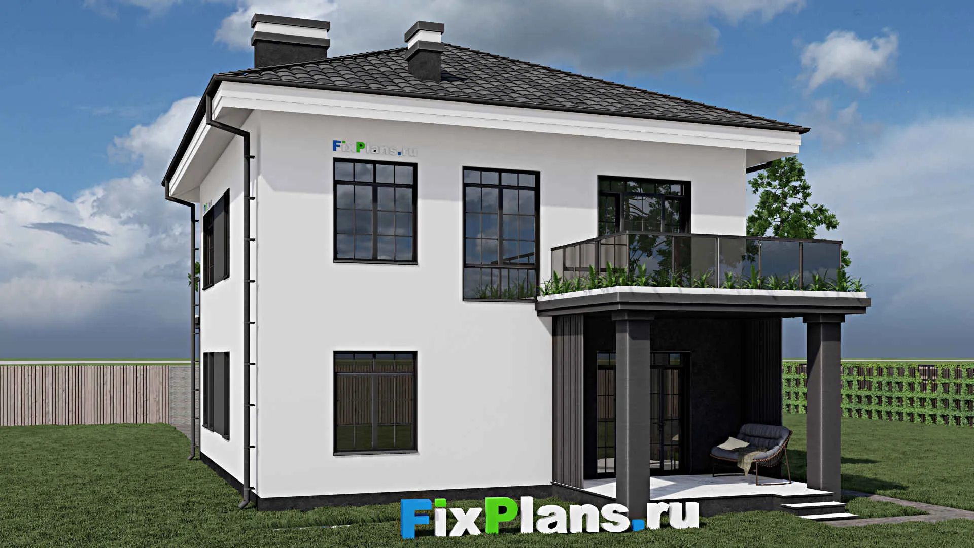 F-0782 - Проект двухэтажного дома 10 на 11, площадью 170 м² с террасой, балконом, гаражом на 1 машину и 4 спальнями