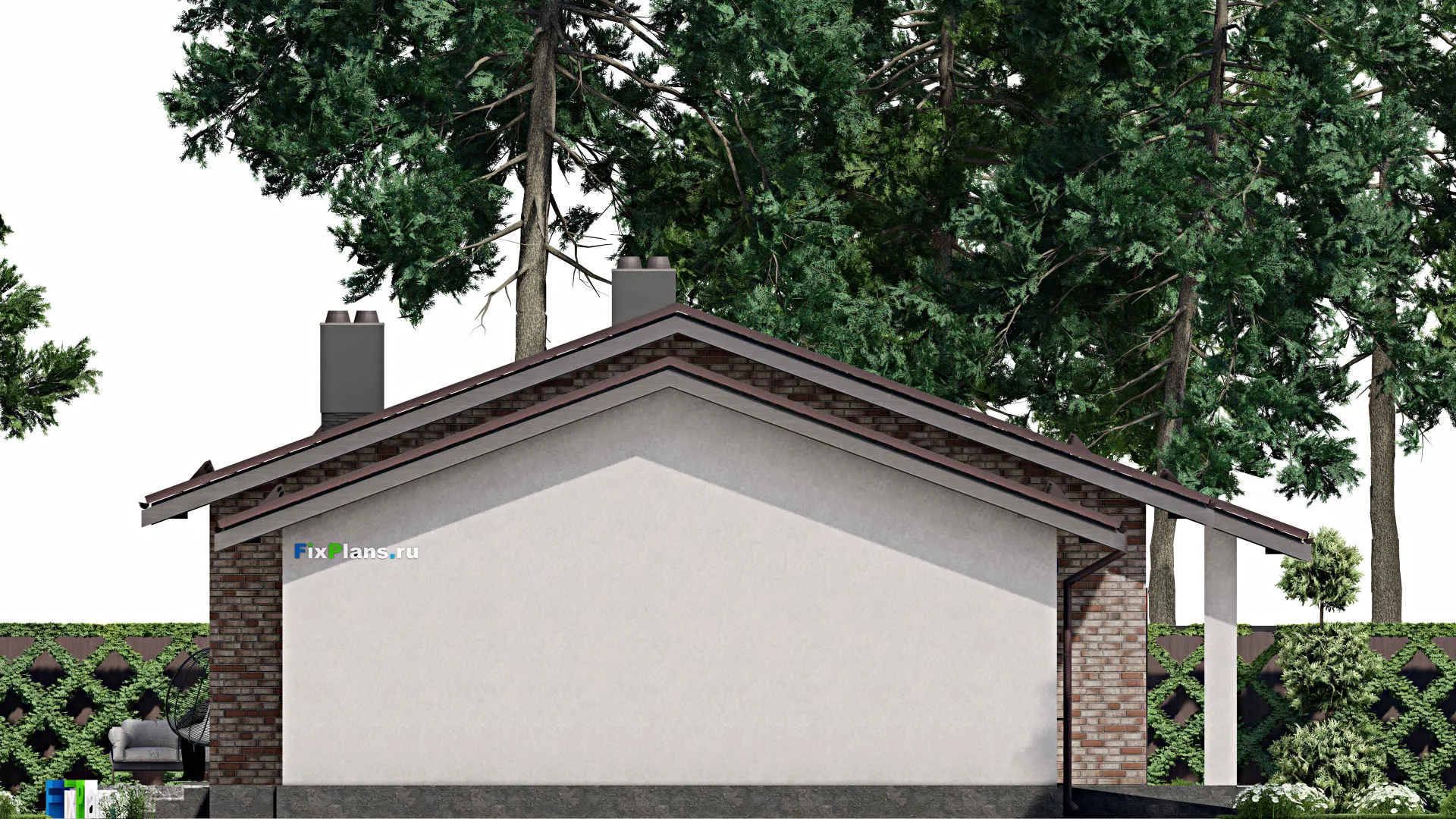 F-2060 - Проект одноэтажного дома 12 на 17, площадью 160 м² с террасой, гаражом на 1 машину и 3 спальнями