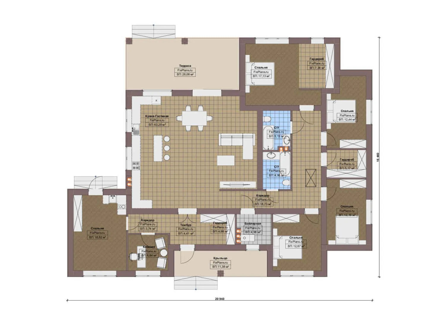 F-18197 - План одноэтажного дома 17 на 21, площадью 250 м² с террасой и 5 спальнями