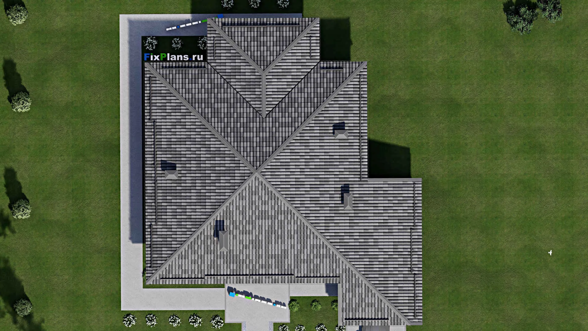 F-10286 - План одноэтажного дома 18 на 20, площадью 190 м² с террасой, гаражом на 1 машину и 4 спальнями