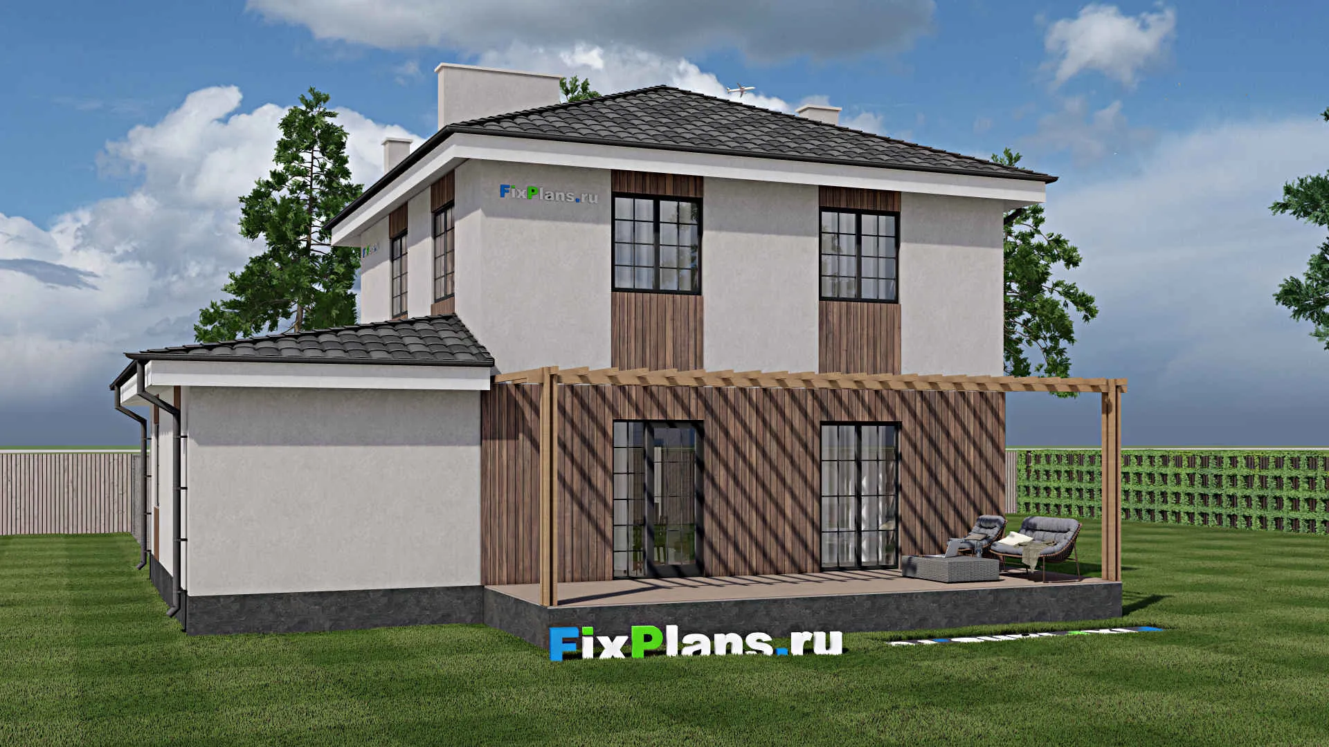 F-1583 - Проект двухэтажного дома 9 на 13, площадью 180 м² с террасой, гаражом на 1 машину и 4 спальнями