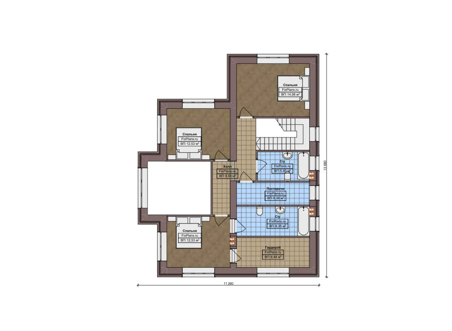 F-10205 - Планы двухэтажного дома 16 на 18, площадью 250 м² с террасой, баней, гаражом на 2 машины и 4 спальнями