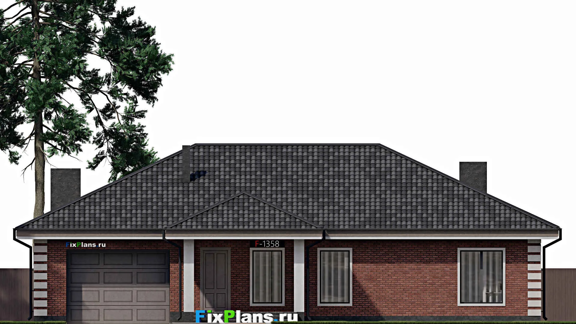 F-1358 - Проект одноэтажного дома 13 на 20, площадью 240 м² с террасой, гаражом на 1 машину и 2 спальнями