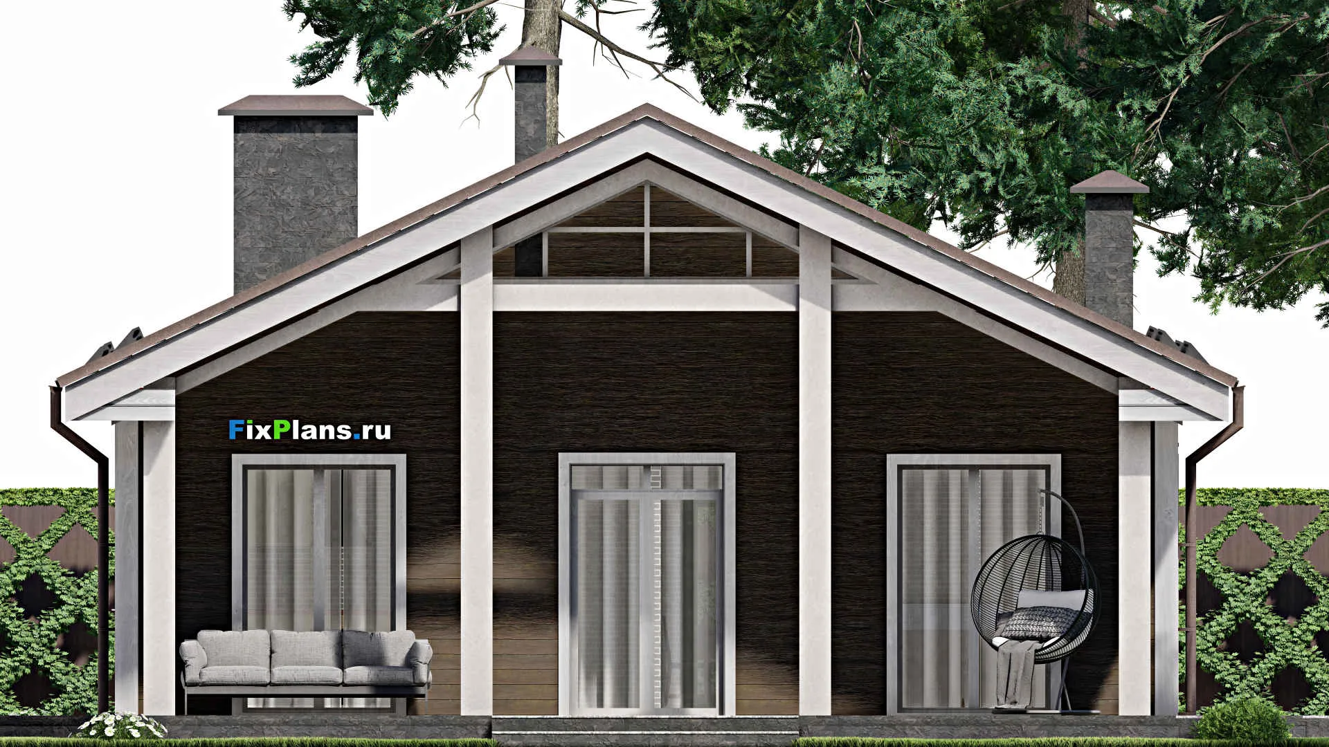 F-6029 - План одноэтажного дома 10 на 12, площадью 130 м² с террасой и 2 спальнями