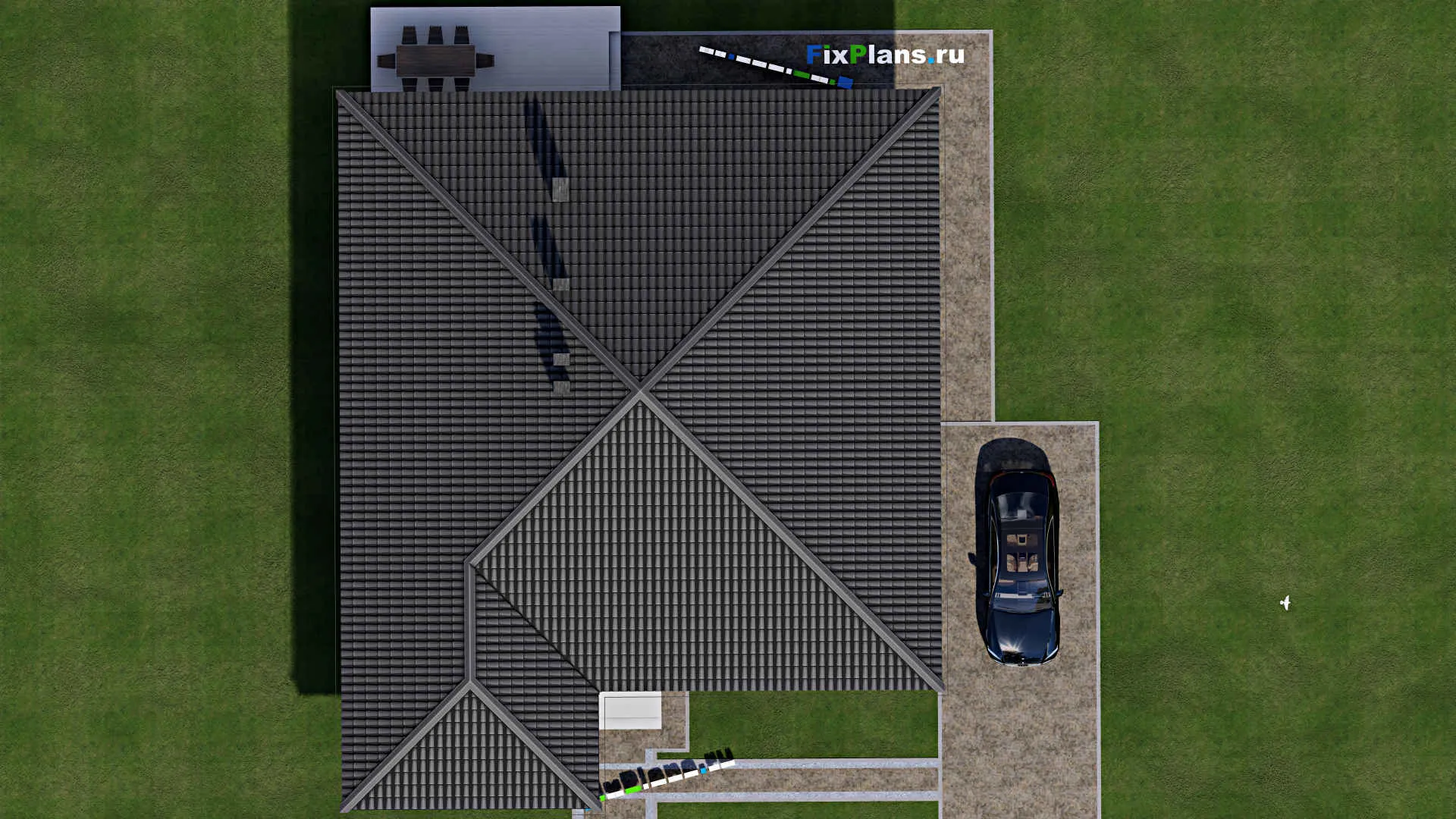 F-0953 - Проект одноэтажного дома 14 на 14, площадью 190 м² с террасой и 4 спальнями