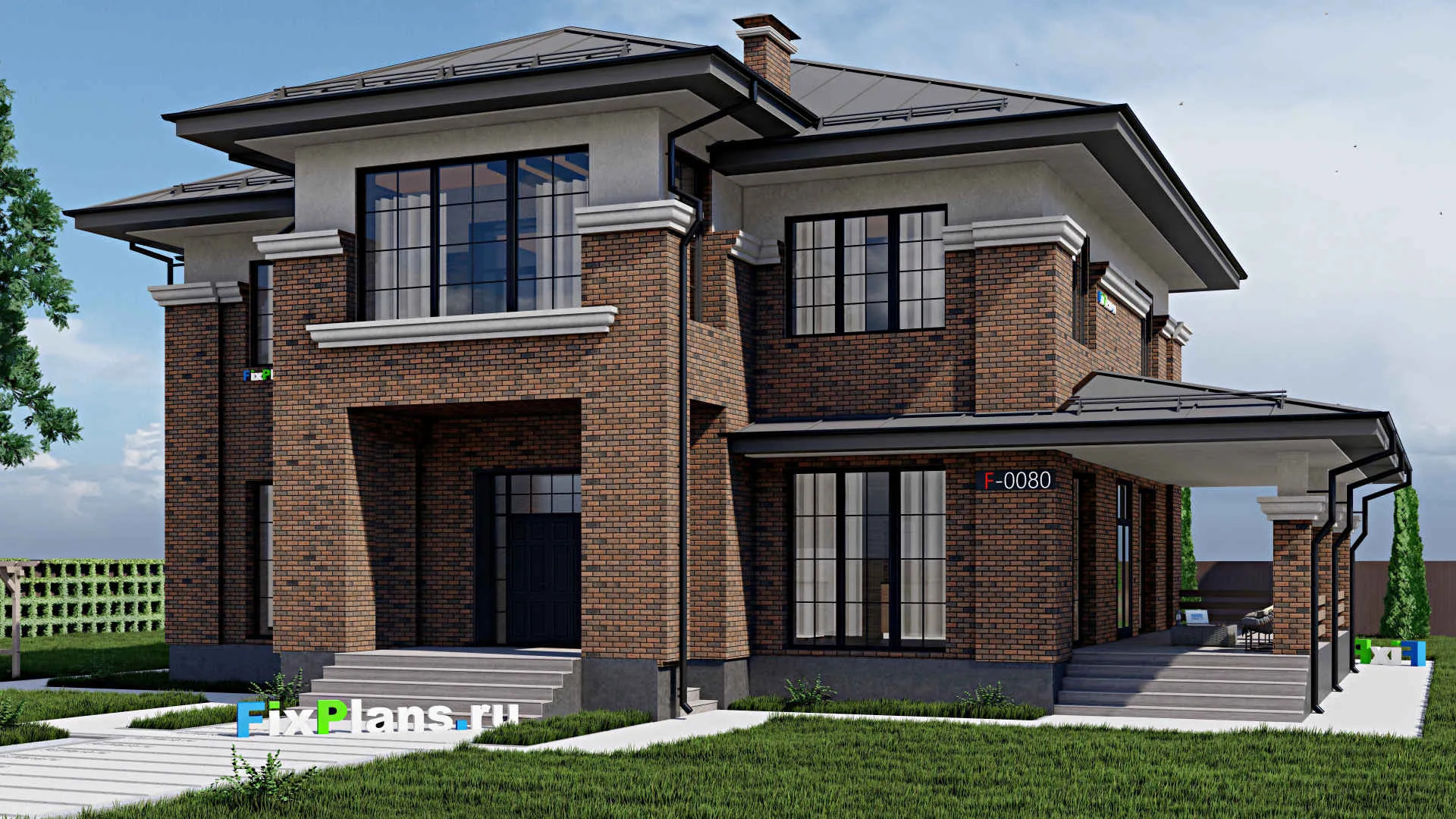 F-0080 - Проект двухэтажного дома 17 на 21, площадью 360 м² с террасой и 4 спальнями