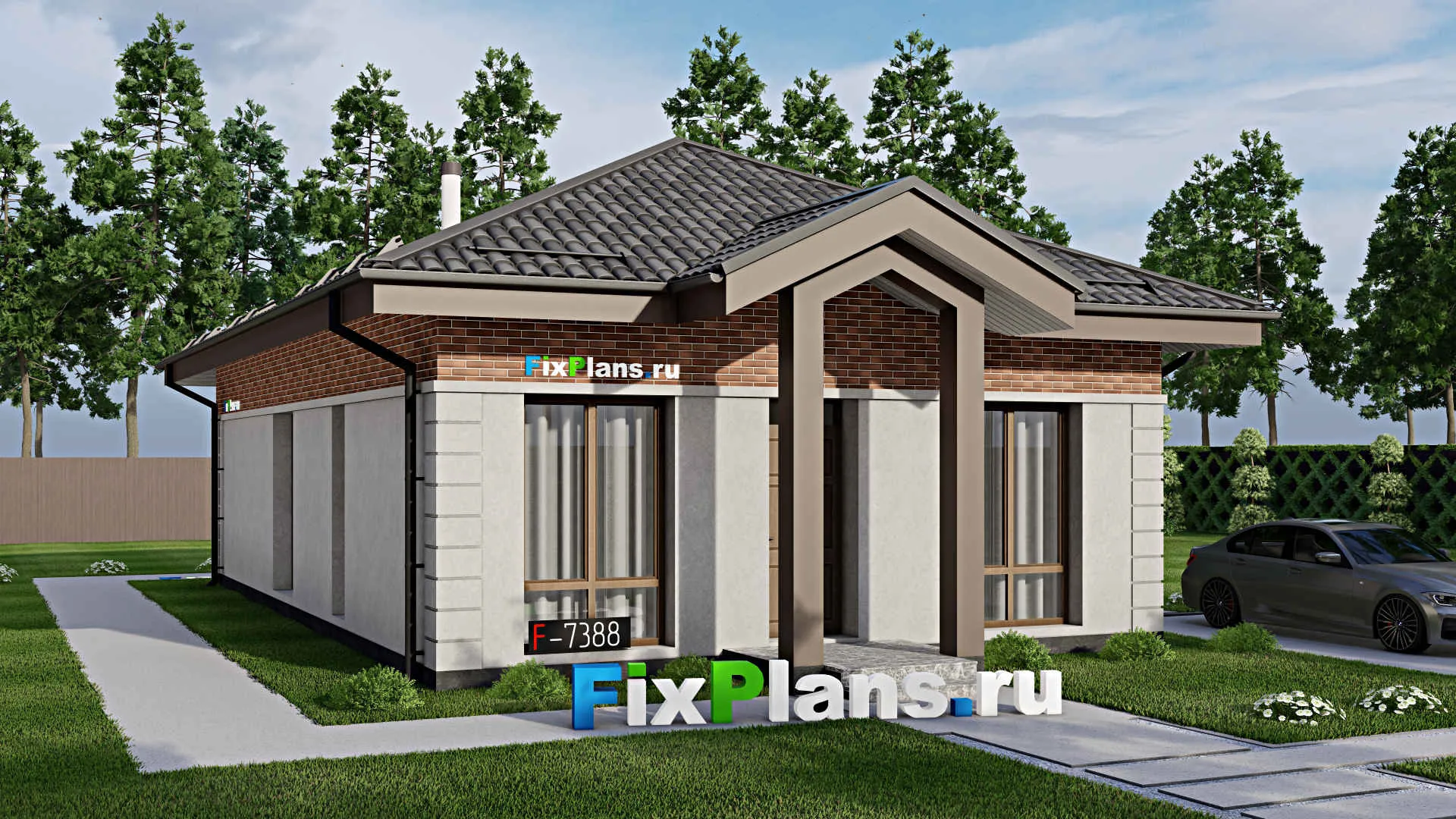 F-7388 - Проект одноэтажного дома 9 на 15, площадью 100 м² с террасой и 2 спальнями